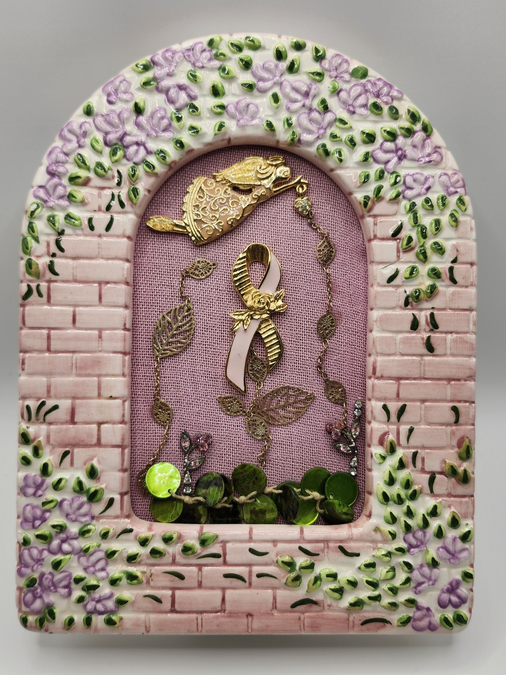 Breast Cancer Awareness Jewelry Art In a Floral Porcelain Frame